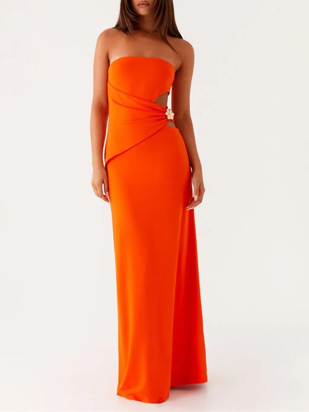 Strapless Side Cut Out Metal Hardware Bodycon Maxi Dress