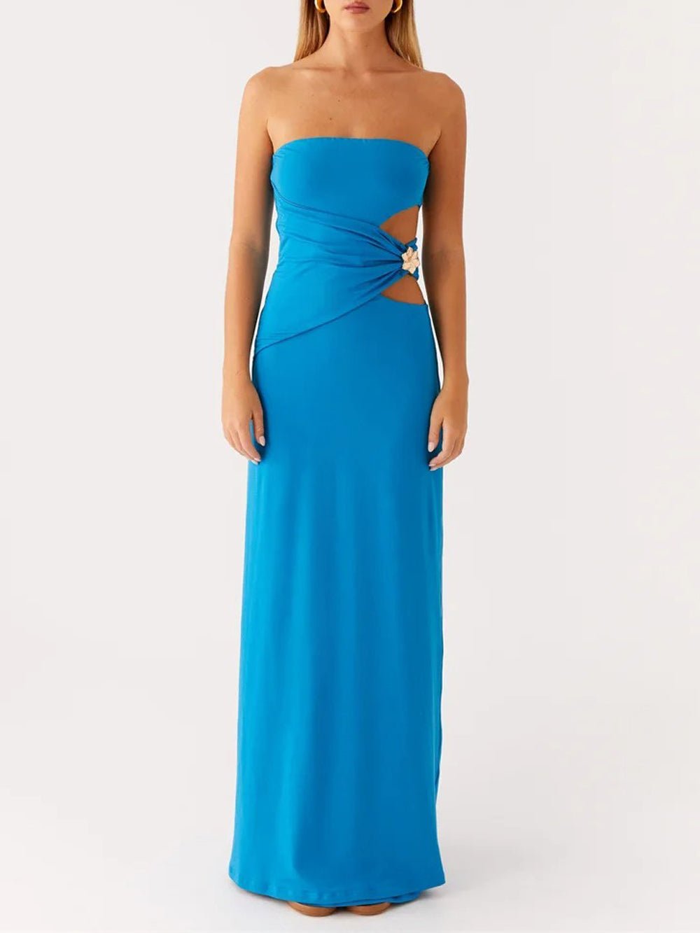 Strapless Side Cut Out Metal Hardware Bodycon Maxi Dress