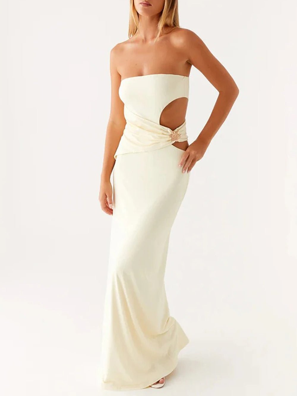Strapless Side Cut Out Metal Hardware Bodycon Maxi Dress