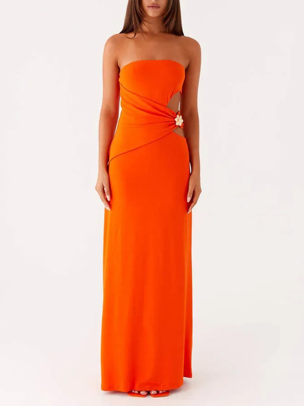 Strapless Side Cut Out Metal Hardware Bodycon Maxi Dress