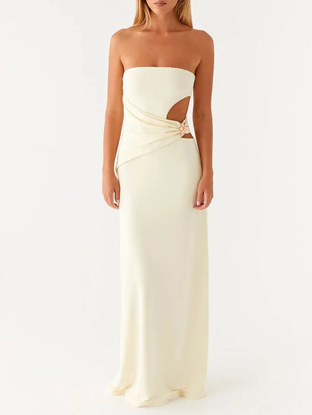 Strapless Side Cut Out Metal Hardware Bodycon Maxi Dress