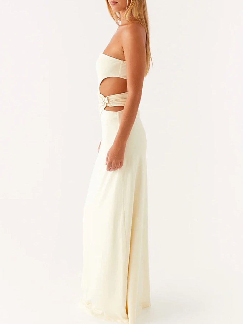 Strapless Side Cut Out Metal Hardware Bodycon Maxi Dress