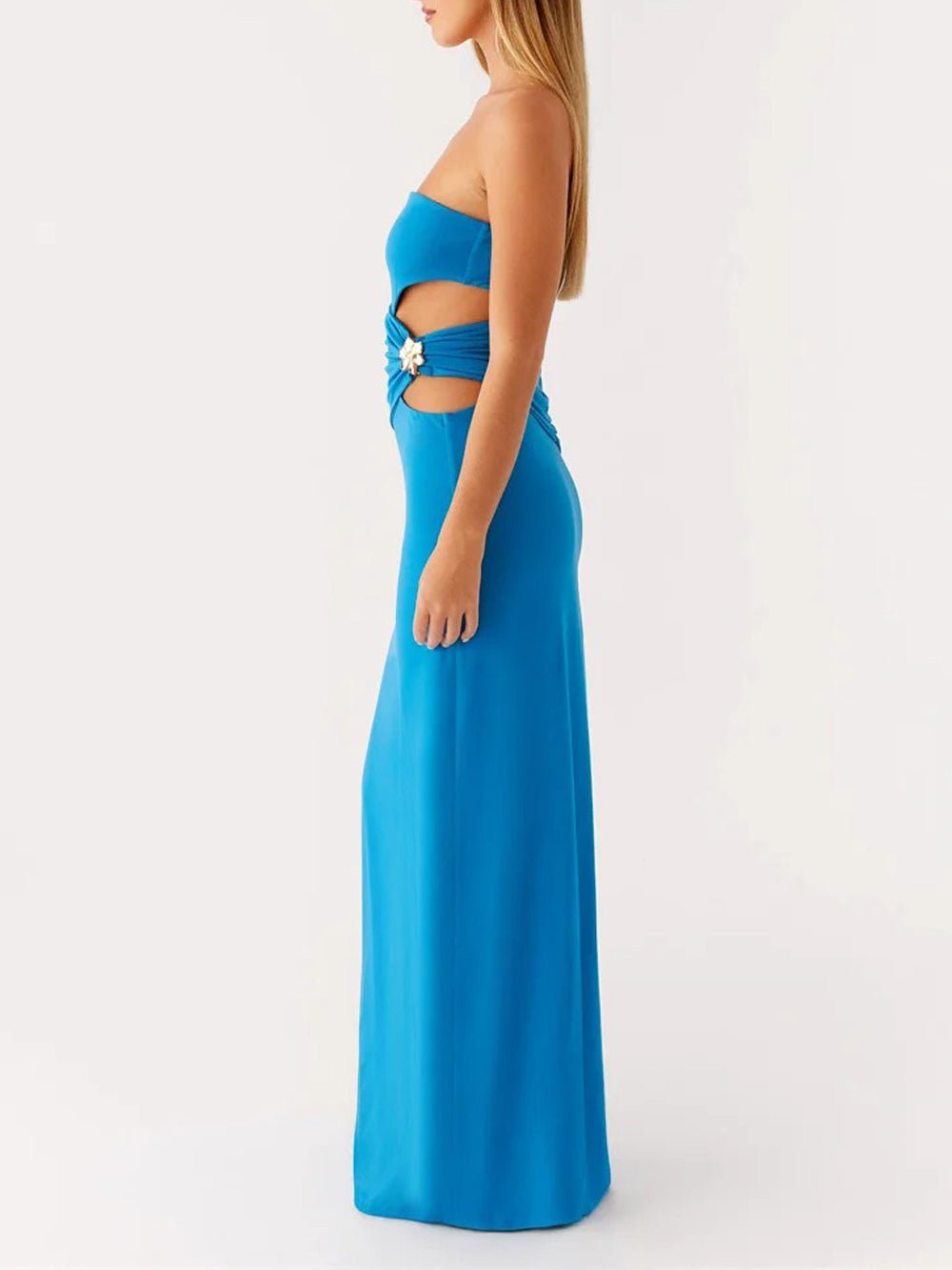 Strapless Side Cut Out Metal Hardware Bodycon Maxi Dress