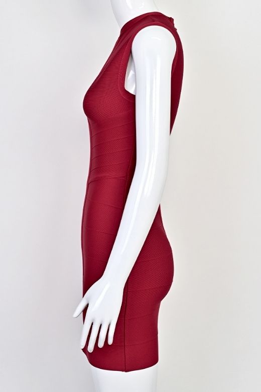 Red Wine High Neck Keyhole Cut Out Bandage Bodycon Mini Dress
