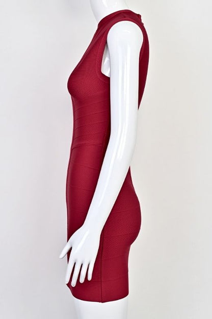 Red Wine High Neck Keyhole Cut Out Bandage Bodycon Mini Dress