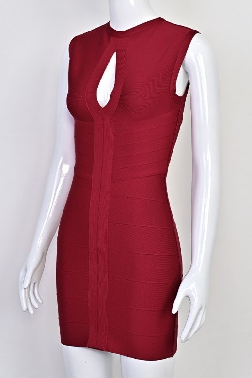Red Wine High Neck Keyhole Cut Out Bandage Bodycon Mini Dress