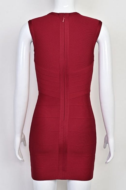 Red Wine High Neck Keyhole Cut Out Bandage Bodycon Mini Dress