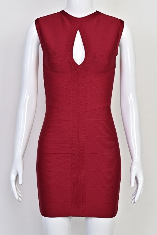 Red Wine High Neck Keyhole Cut Out Bandage Bodycon Mini Dress