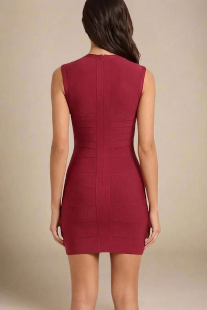 Red Wine High Neck Keyhole Cut Out Bandage Bodycon Mini Dress