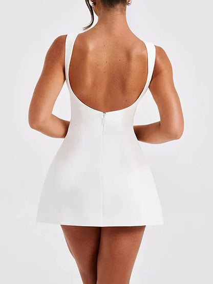 Boat Neck Wide Strap Princess Seam Pocket Fit and Flare Mini Dress
