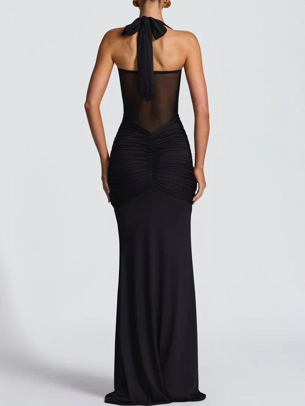 Halter Neck Sweetheart Mesh Midriff Ruched Front Drape Maxi Dress