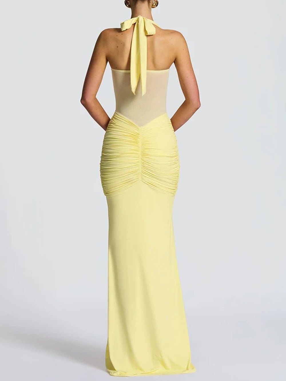 Halter Neck Sweetheart Mesh Midriff Ruched Front Drape Maxi Dress