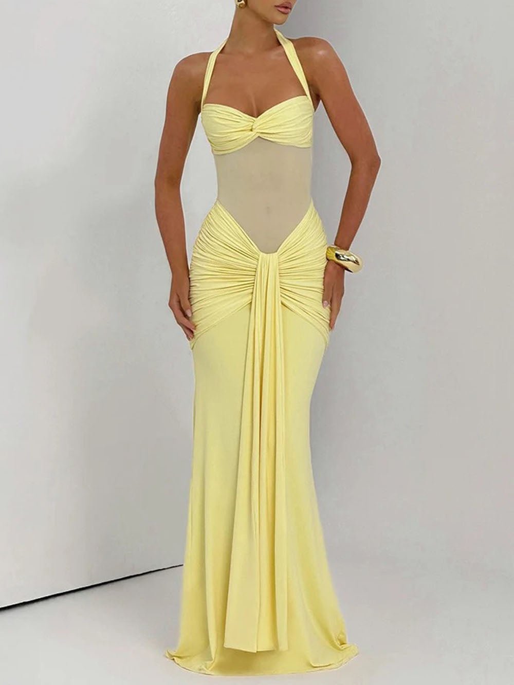 Halter Neck Sweetheart Mesh Midriff Ruched Front Drape Maxi Dress