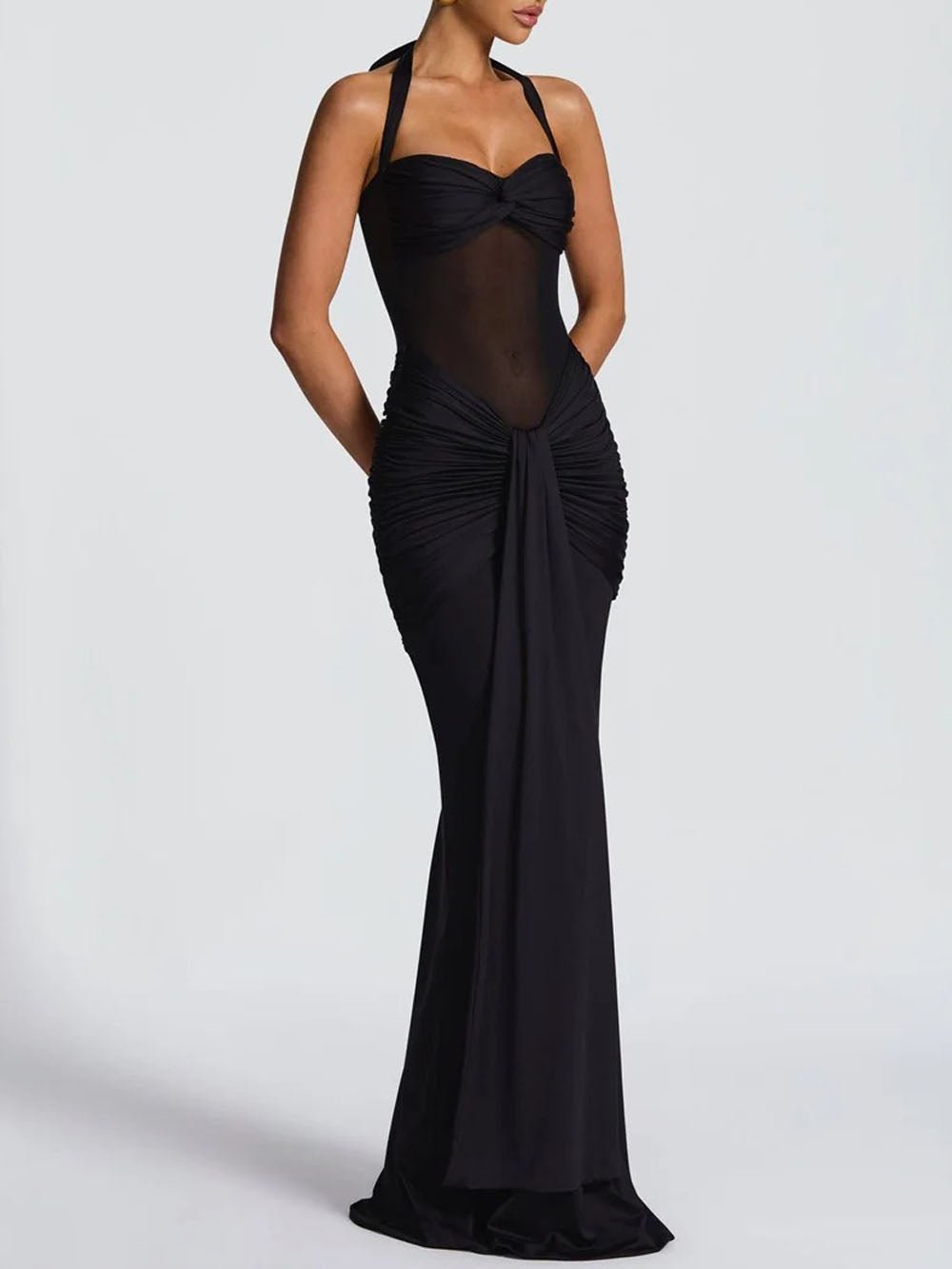Halter Neck Sweetheart Mesh Midriff Ruched Front Drape Maxi Dress