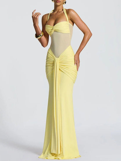 Halter Neck Sweetheart Mesh Midriff Ruched Front Drape Maxi Dress