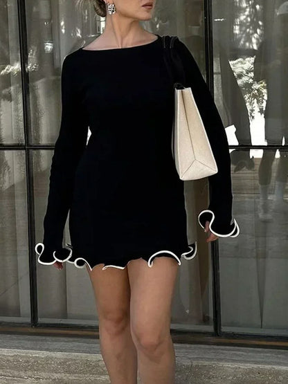 Boat Neck Long Sleeve Scallop Lettuce Edge Ruffle Hem Bodycon Mini Dress