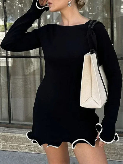 Boat Neck Long Sleeve Scallop Lettuce Edge Ruffle Hem Bodycon Mini Dress