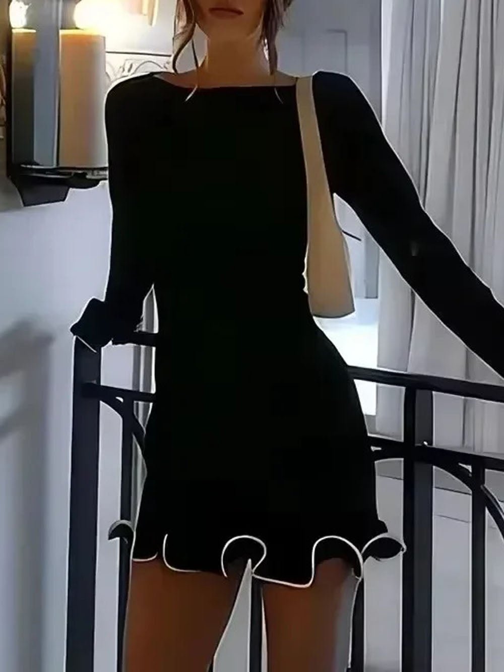 Boat Neck Long Sleeve Scallop Lettuce Edge Ruffle Hem Bodycon Mini Dress