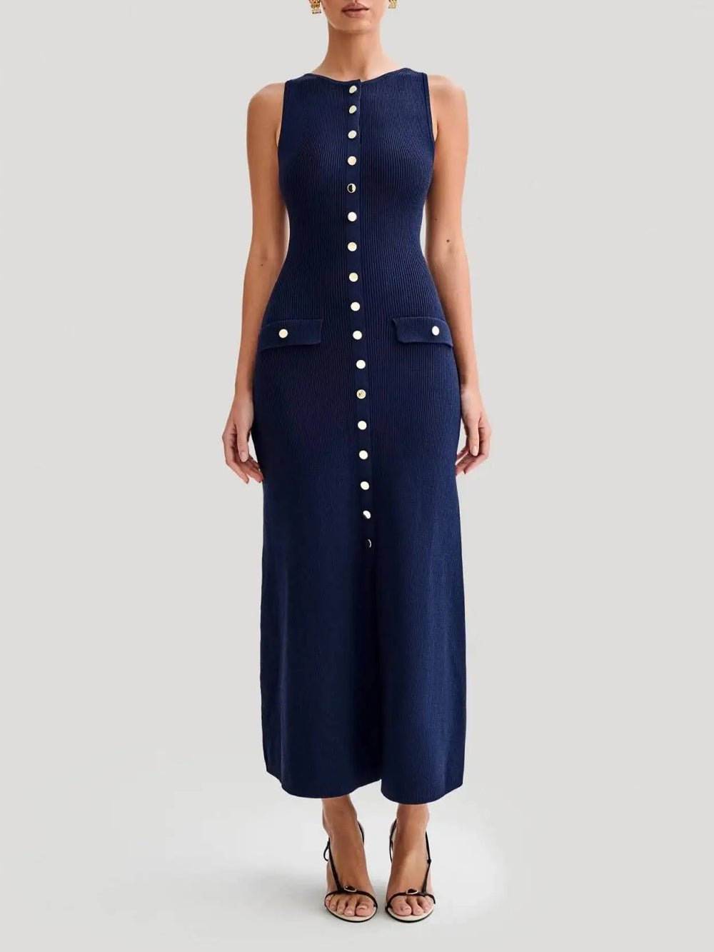 Knit Ribbed Sleeveless Button Front Mock Pocket Midi Dress