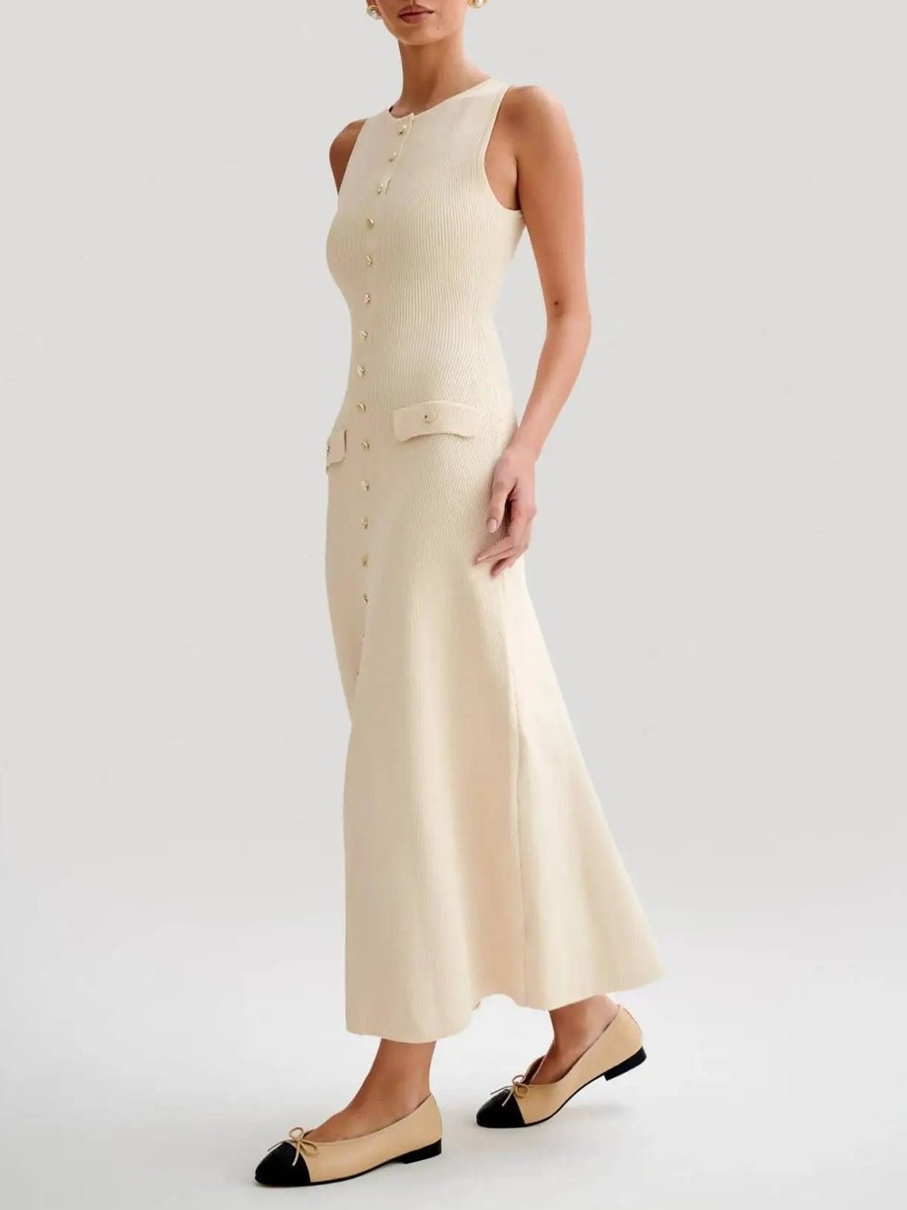 Knit Ribbed Sleeveless Button Front Mock Pocket Midi Dress