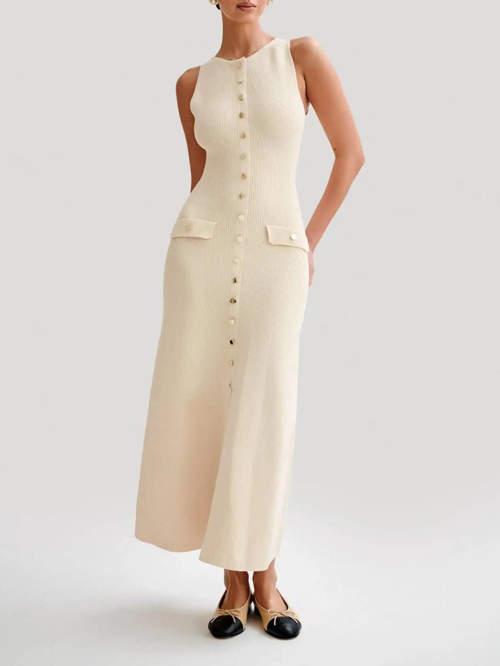 Knit Ribbed Sleeveless Button Front Mock Pocket Midi Dress