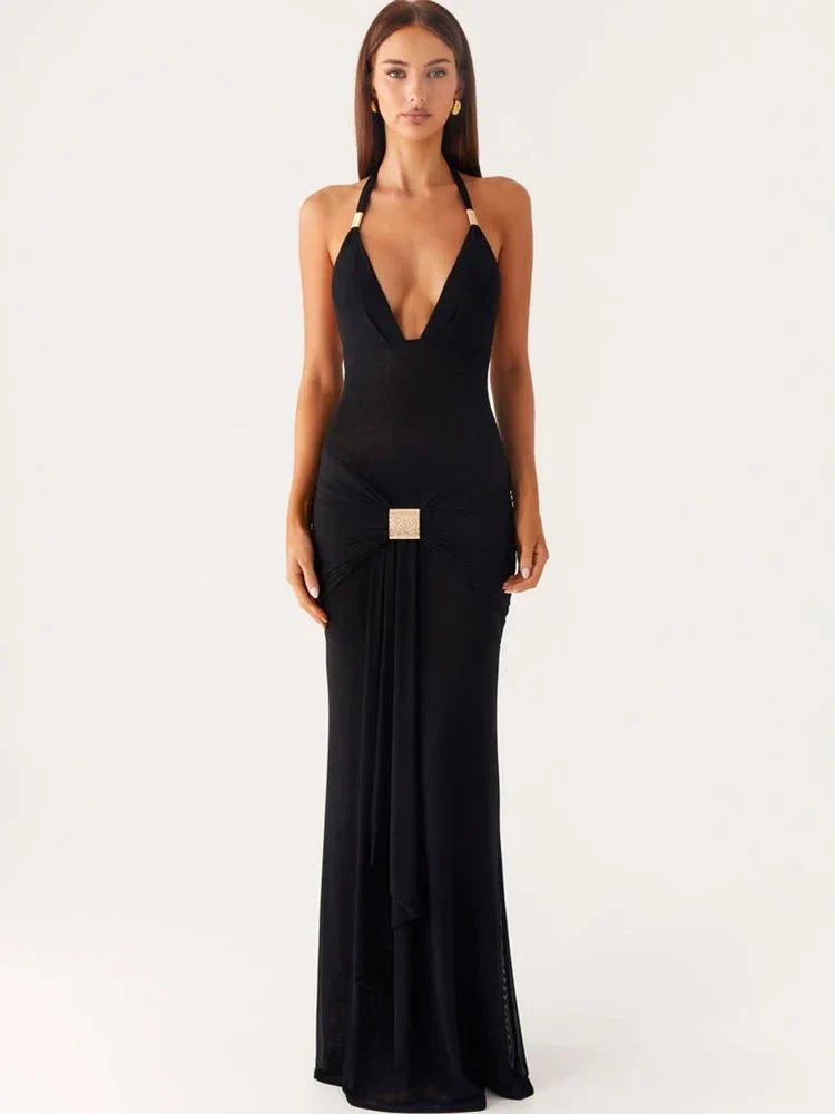 Black Mesh Halter Neck Deep V-Neck Ruched Buckle Draped Panel Column Maxi Gown