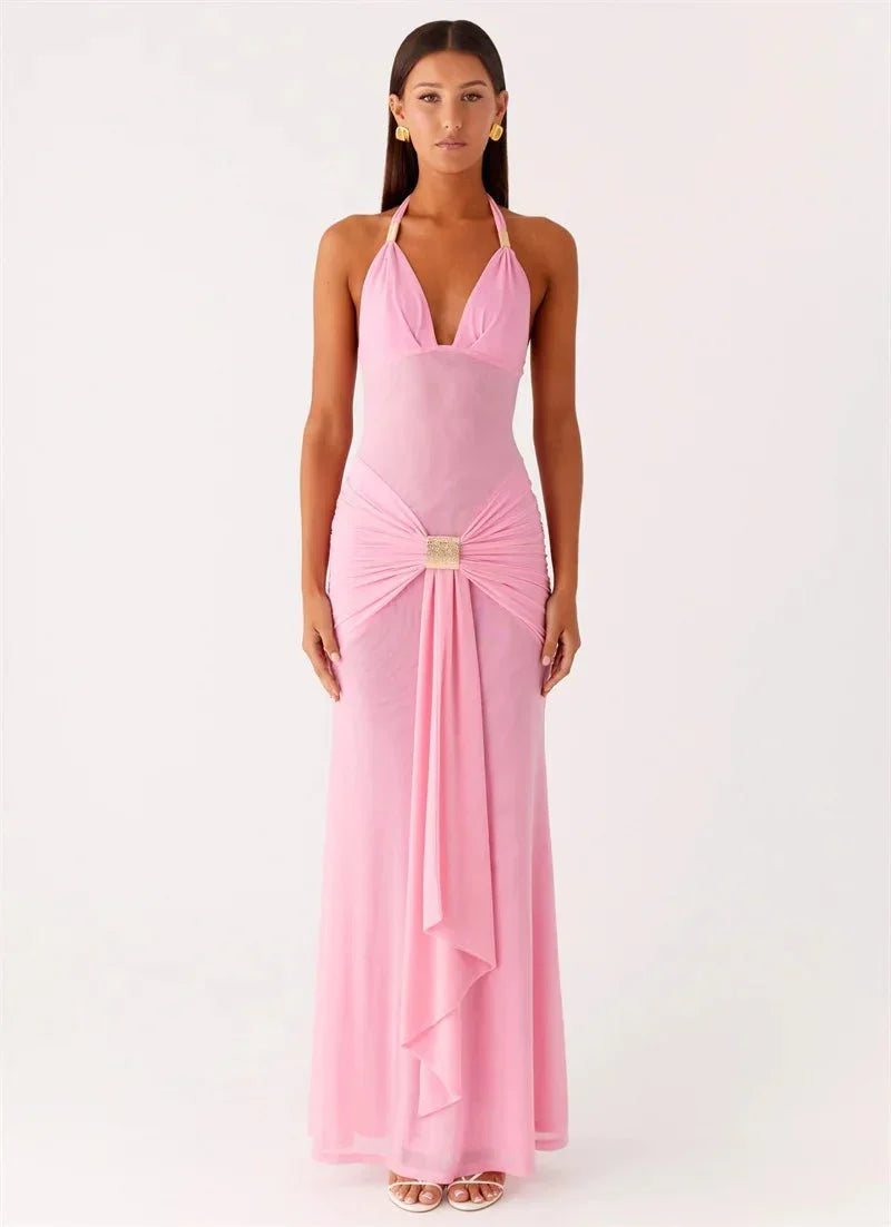 Pink Mesh Halter Neck Deep V-Neck Ruched Buckle Draped Panel Column Maxi Gown