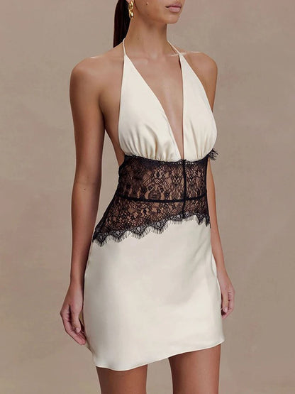 White Satin Halter Neck Deep V-Neck Lace Waist Inset Mini Dress