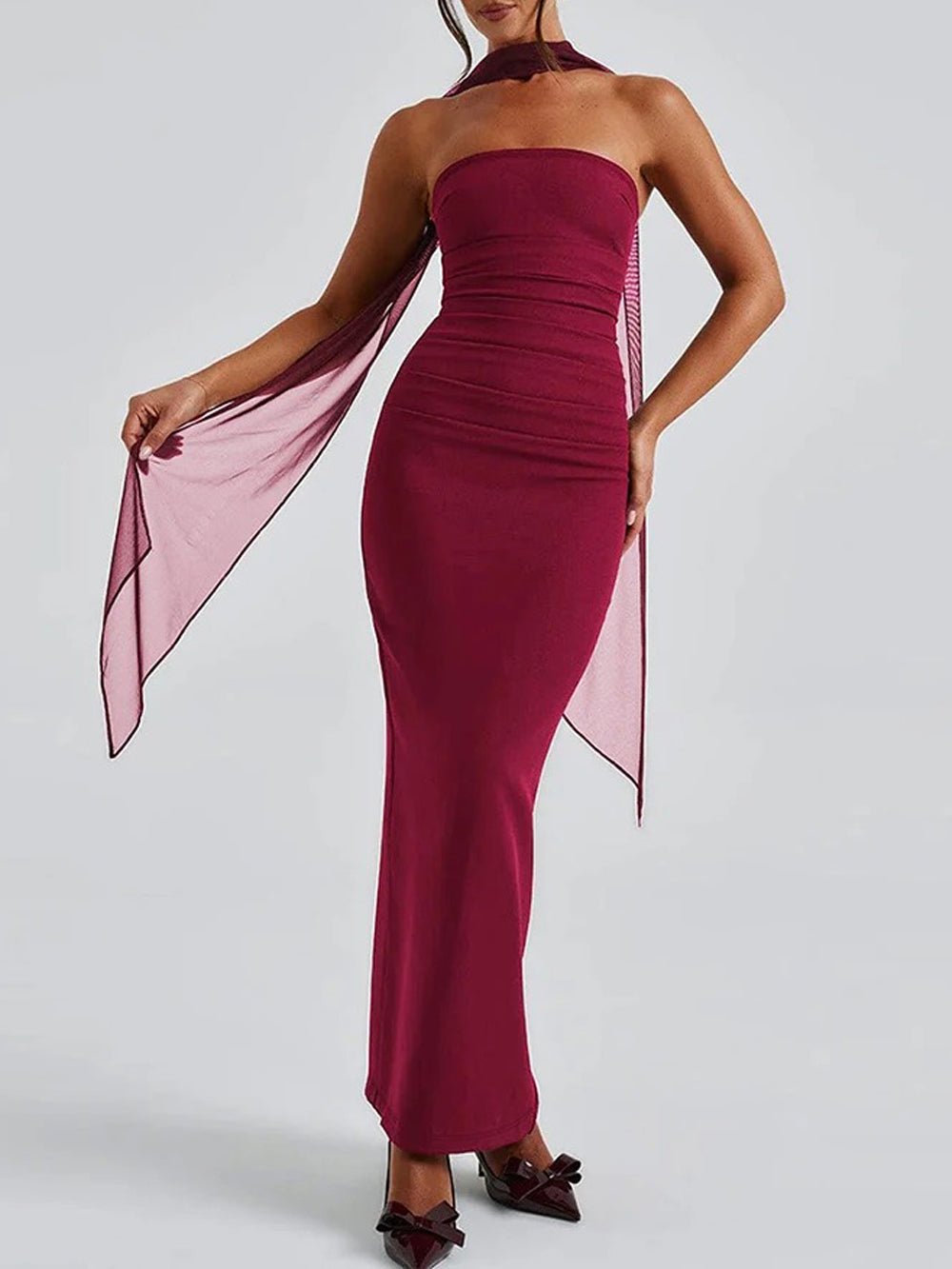 Strapless Horizontal Ruched Tier Bodice Column Maxi Gown