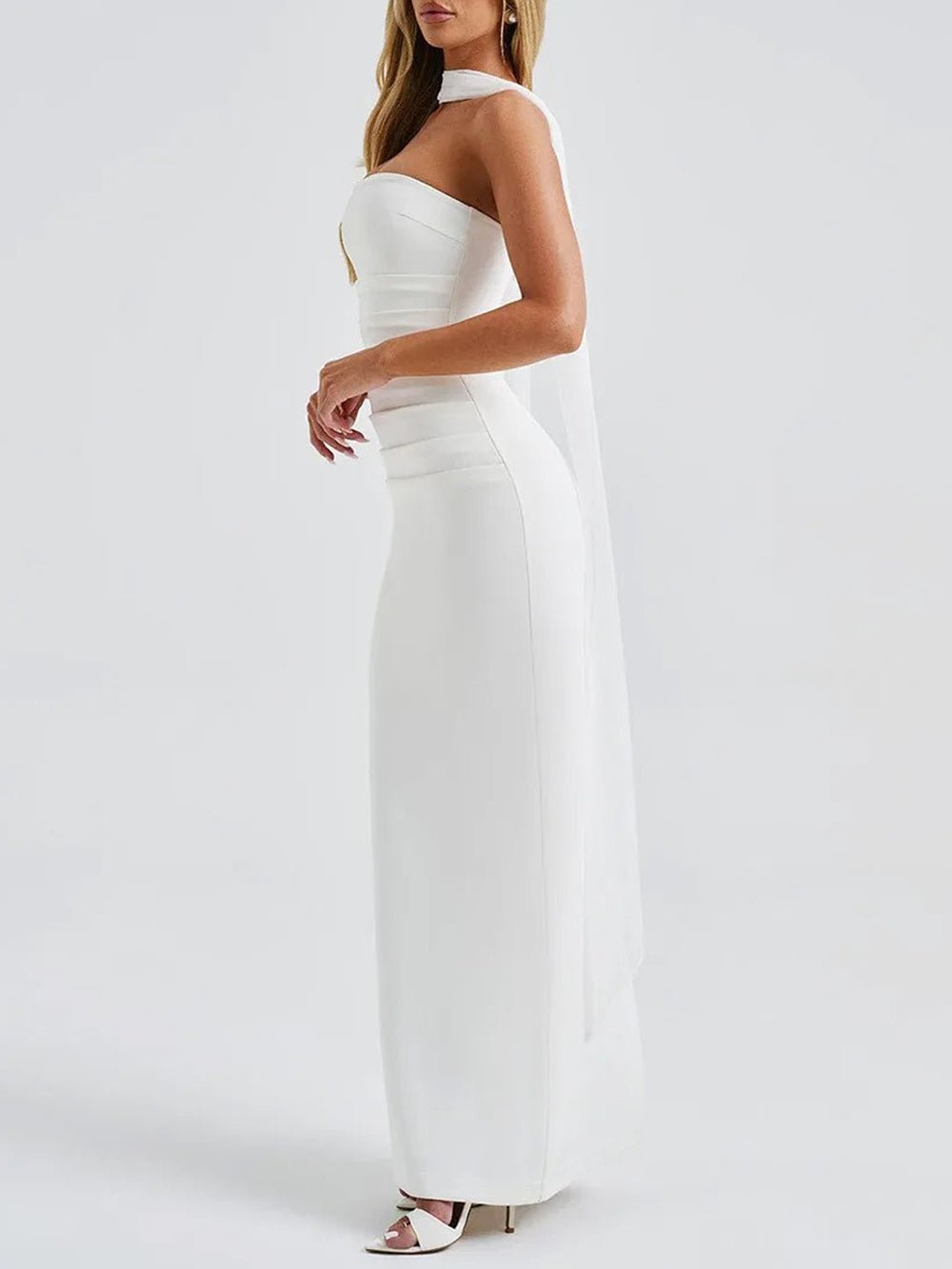 Strapless Horizontal Ruched Tier Bodice Column Maxi Gown