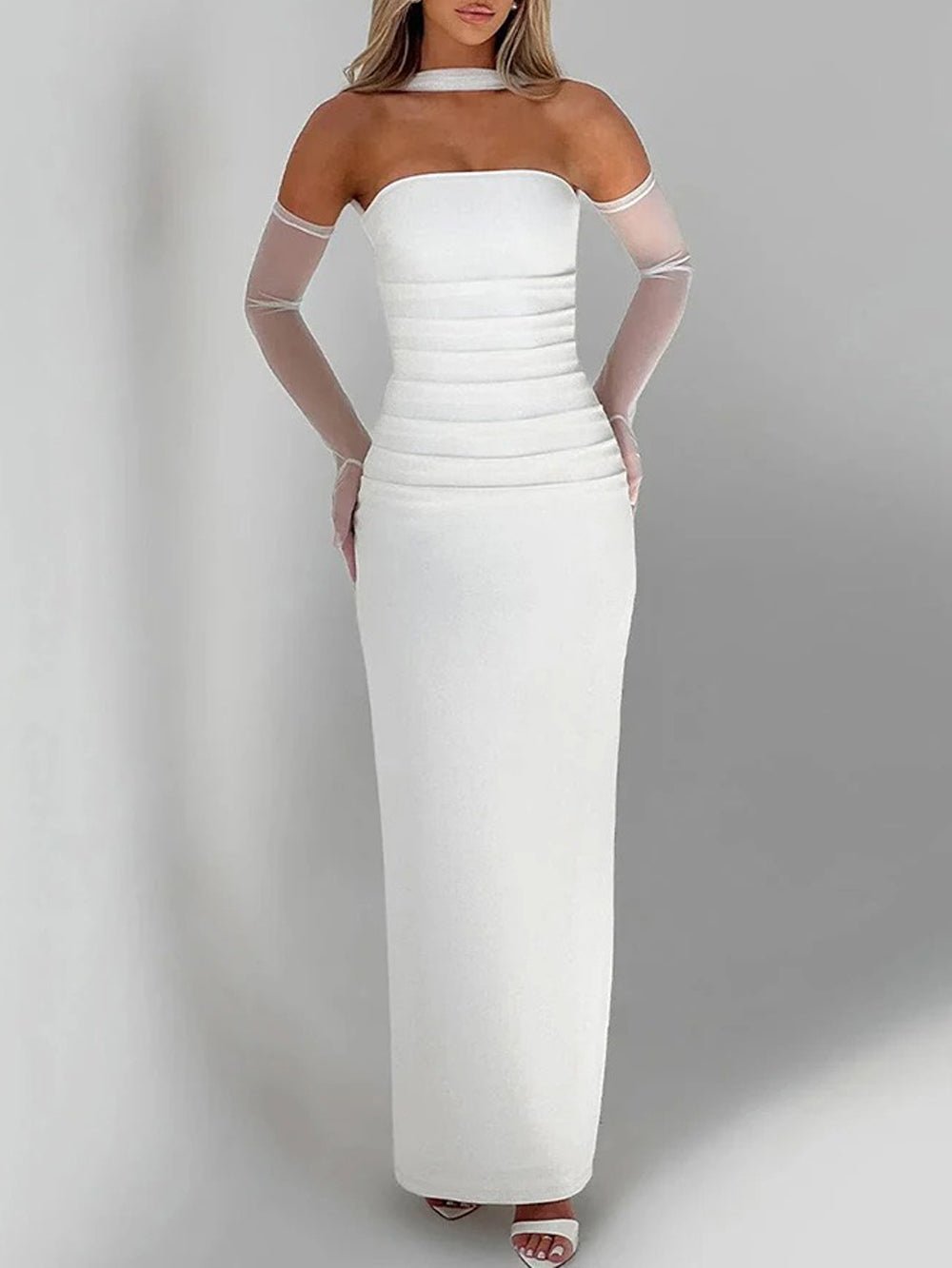 Strapless Horizontal Ruched Tier Bodice Column Maxi Gown