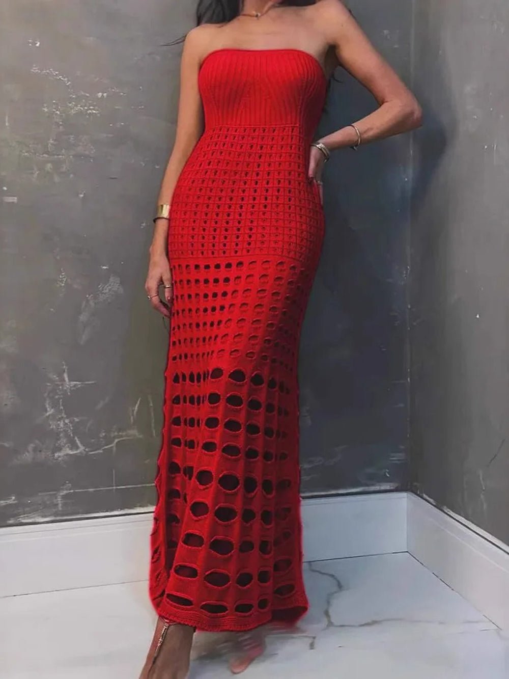 Knit Strapless Pointelle Open Crochet Panel Bodycon Maxi Dress