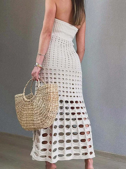 Knit Strapless Pointelle Open Crochet Panel Bodycon Maxi Dress
