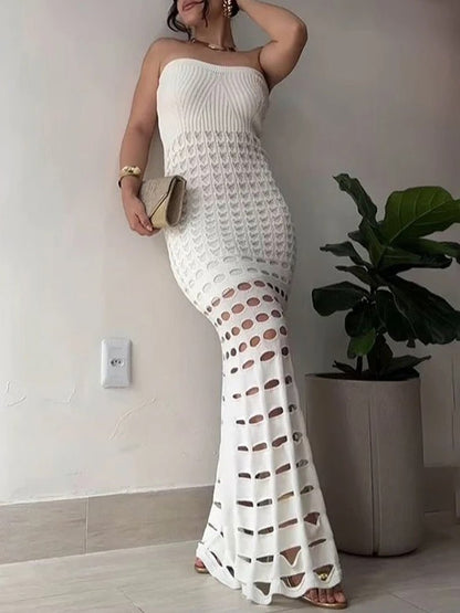Knit Strapless Pointelle Open Crochet Panel Bodycon Maxi Dress