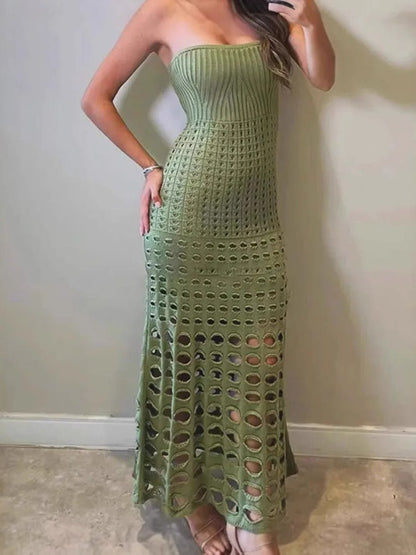 Knit Strapless Pointelle Open Crochet Panel Bodycon Maxi Dress