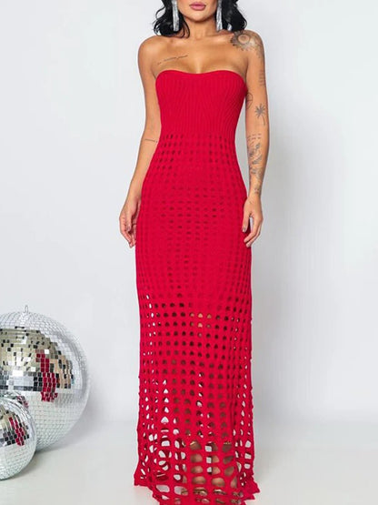 Knit Strapless Pointelle Open Crochet Panel Bodycon Maxi Dress