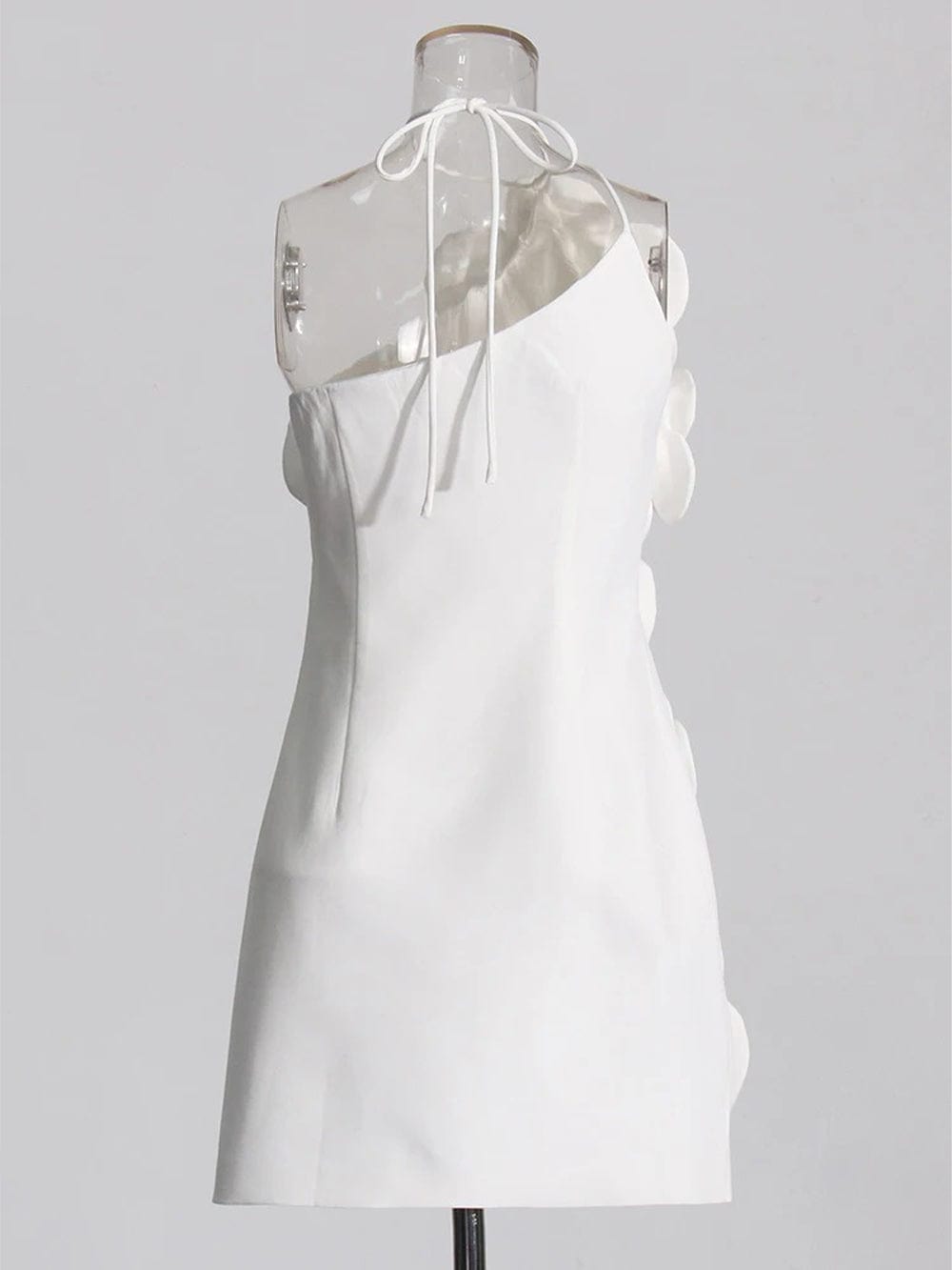 White Halter Neck Spaghetti Strap 3D Floral Applique Shift Mini Dress