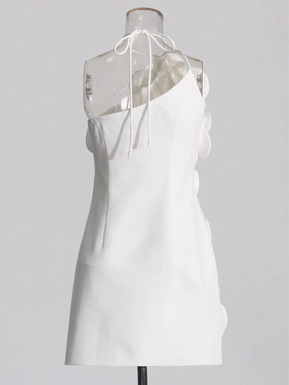 White Halter Neck Spaghetti Strap 3D Floral Applique Shift Mini Dress