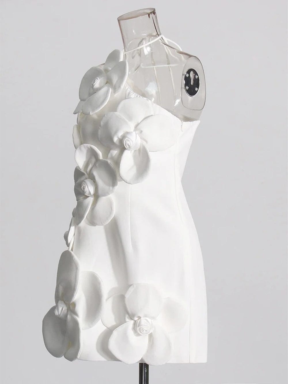 White Halter Neck Spaghetti Strap 3D Floral Applique Shift Mini Dress