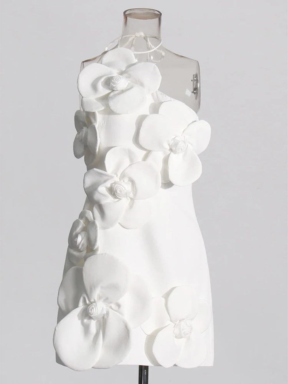 White Halter Neck Spaghetti Strap 3D Floral Applique Shift Mini Dress