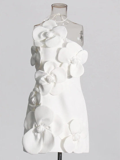 White Halter Neck Spaghetti Strap 3D Floral Applique Shift Mini Dress