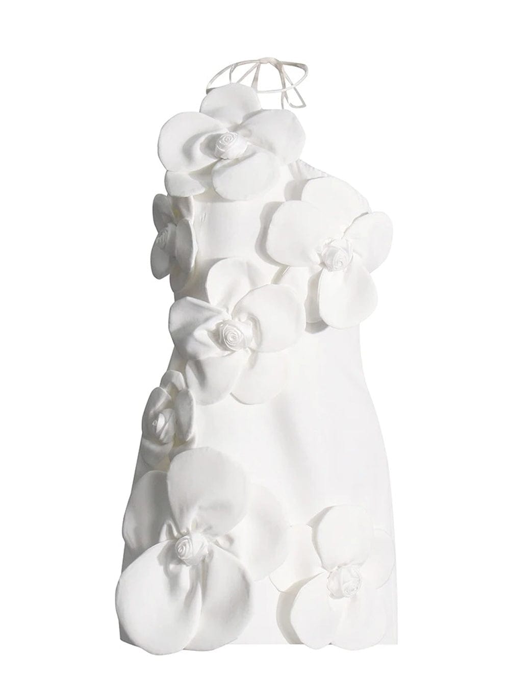 White Halter Neck Spaghetti Strap 3D Floral Applique Shift Mini Dress