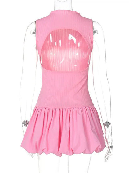 Mock Neck Ribbed Knit Bubble Hem Mini Dress