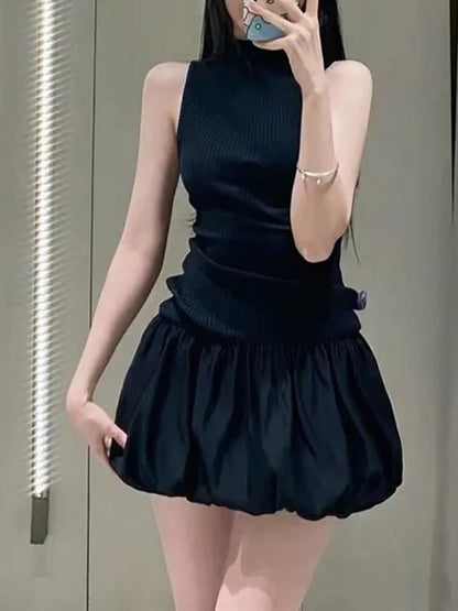Mock Neck Ribbed Knit Bubble Hem Mini Dress
