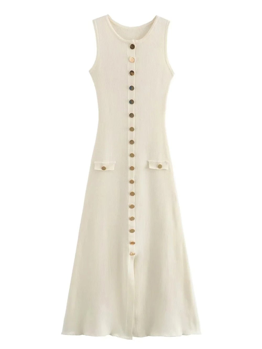 Knit Crew Neck Sleeveless Button Front Pocket Column Midi Dress