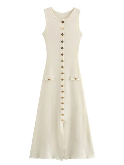 Knit Crew Neck Sleeveless Button Front Pocket Column Midi Dress