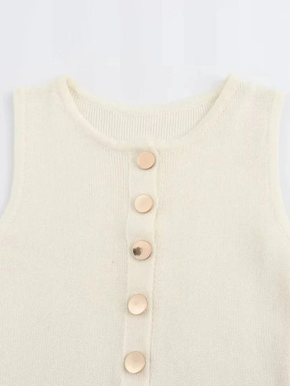 Knit Crew Neck Sleeveless Button Front Pocket Column Midi Dress