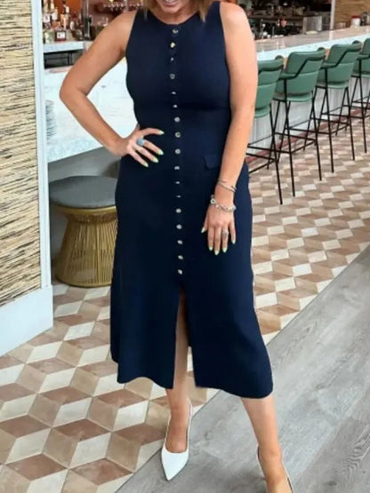 Knit Crew Neck Sleeveless Button Front Pocket Column Midi Dress