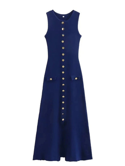Knit Crew Neck Sleeveless Button Front Pocket Column Midi Dress