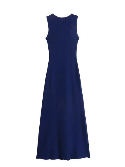 Knit Crew Neck Sleeveless Button Front Pocket Column Midi Dress